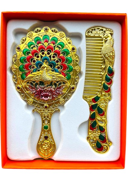 Ayna Tarak Seti, Tavuskuşu, Metal, Çeyizlik, Hediyelik Set, Mineli, Canlı Renkli Düğün Seti 15 x 13