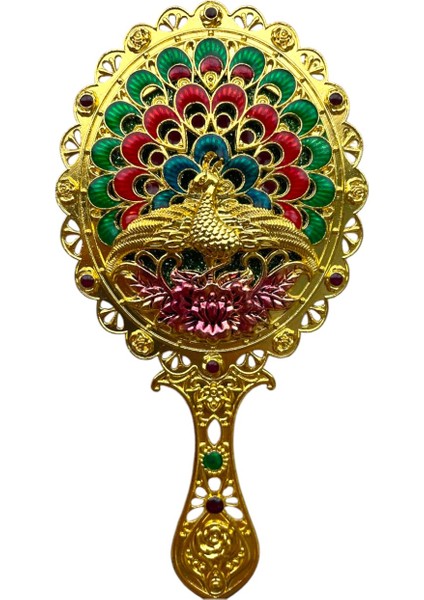 Ayna Tarak Seti, Tavuskuşu, Metal, Çeyizlik, Hediyelik Set, Mineli, Canlı Renkli Düğün Seti 15 x 13