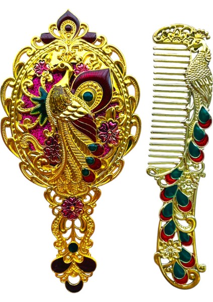 Ayna Tarak Seti, Tavuskuşu, Metal, Çeyizlik, Hediyelik Set, Mineli, Canlı Renkli Düğün Seti 15 x 15