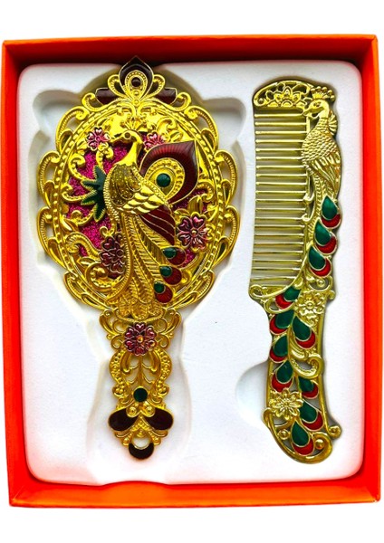 Ayna Tarak Seti, Tavuskuşu, Metal, Çeyizlik, Hediyelik Set, Mineli, Canlı Renkli Düğün Seti 15 x 15
