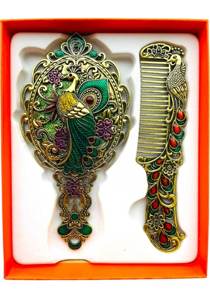 Ayna Tarak Seti, Tavuskuşu, Metal, Çeyizlik, Hediyelik Set, Mineli, Canlı Renkli Düğün Seti 15 x 17