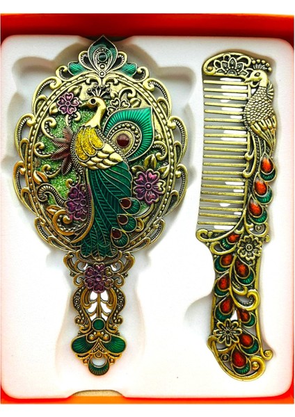 Ayna Tarak Seti, Tavuskuşu, Metal, Çeyizlik, Hediyelik Set, Mineli, Canlı Renkli Düğün Seti 15 x 17