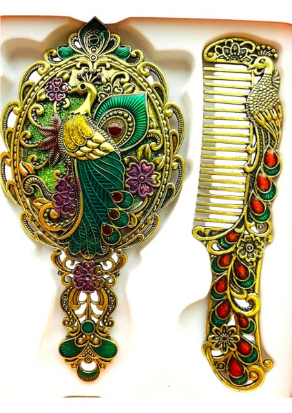 Ayna Tarak Seti, Tavuskuşu, Metal, Çeyizlik, Hediyelik Set, Mineli, Canlı Renkli Düğün Seti 15 x 17