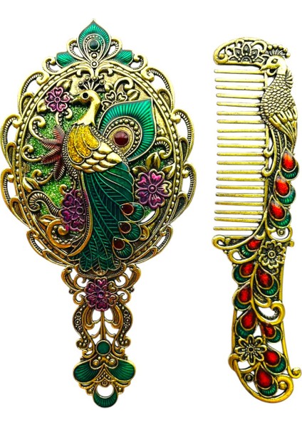 Ayna Tarak Seti, Tavuskuşu, Metal, Çeyizlik, Hediyelik Set, Mineli, Canlı Renkli Düğün Seti 15 x 17