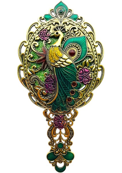 Ayna Tarak Seti, Tavuskuşu, Metal, Çeyizlik, Hediyelik Set, Mineli, Canlı Renkli Düğün Seti 15 x 17