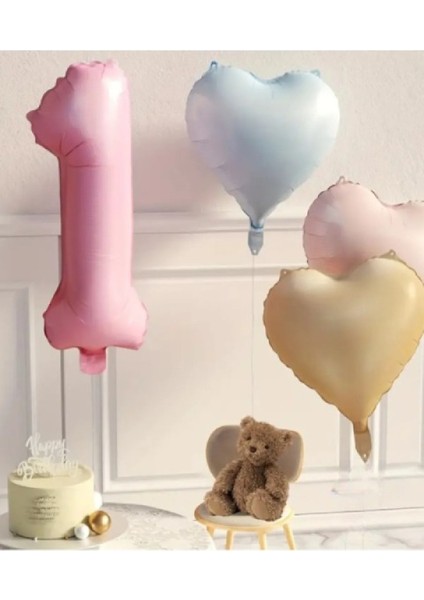 Retro Pembe Mavi Karamel Kalp Folyo Balon , Yaş Pembe Folyo Balonlu Doğum Günü Parti Seti Süsü