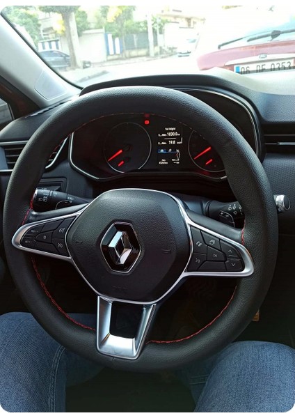 Dikişli Direksiyon Kılıfı Damarlı Siyah Deri Kırmızı Dikişli Clio Için