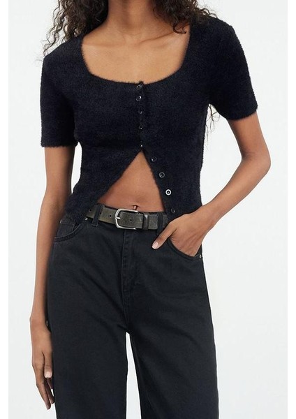 Kadın Moda Şık Crop Kare Yaka Slim Crop Tüylü Triko Hırka modelleri