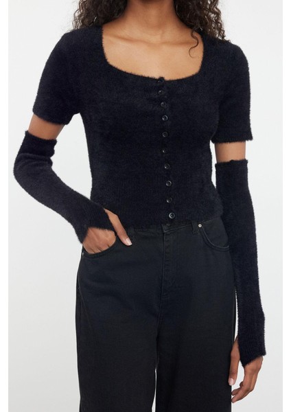 Kadın Moda Şık Crop Kare Yaka Slim Crop Tüylü Triko Hırka fırsatları