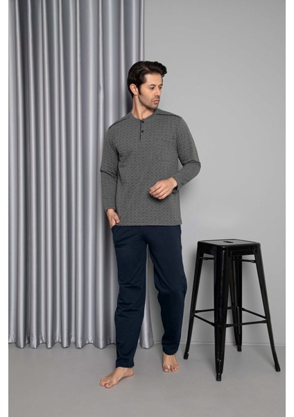 Erkek 3 Düğme Göğüs Cepli Pamuk 2 Iplik Kışlık Cepli Uzun Kol Pijama Takımı