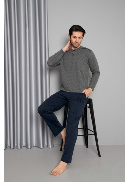 Erkek 3 Düğme Göğüs Cepli Pamuk 2 Iplik Kışlık Cepli Uzun Kol Pijama Takımı fiyatları