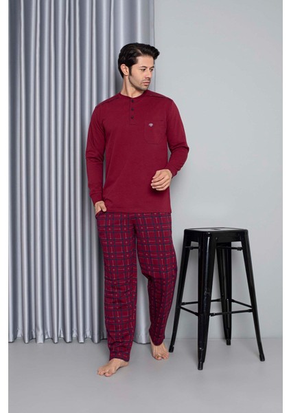 Erkek 3 Düğme Göğüs Cepli Pamuk 2 Iplik Kışlık Cepli Uzun Kol Pijama Takımı