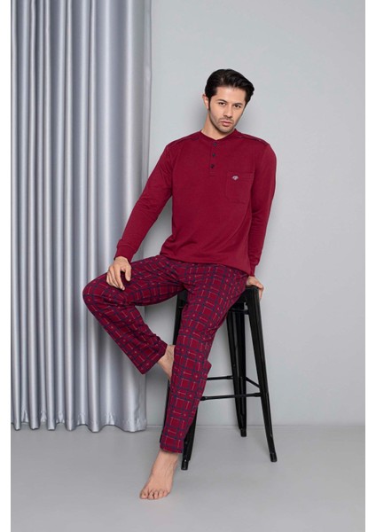 Erkek 3 Düğme Göğüs Cepli Pamuk 2 Iplik Kışlık Cepli Uzun Kol Pijama Takımı fiyatları