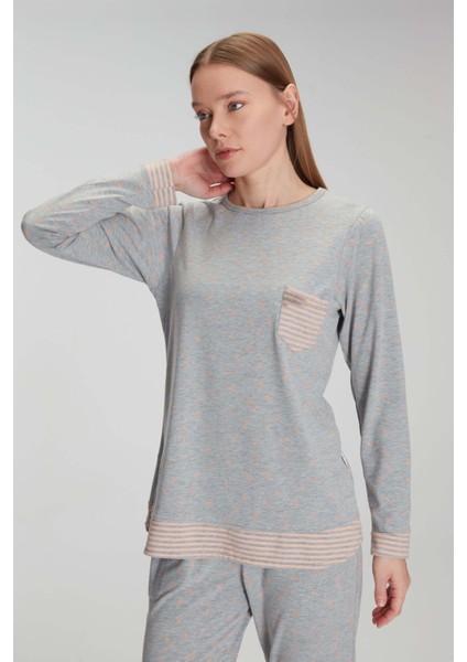 Kadın Gri Uzun Kollu Cep Detaylı Pijama Takımı