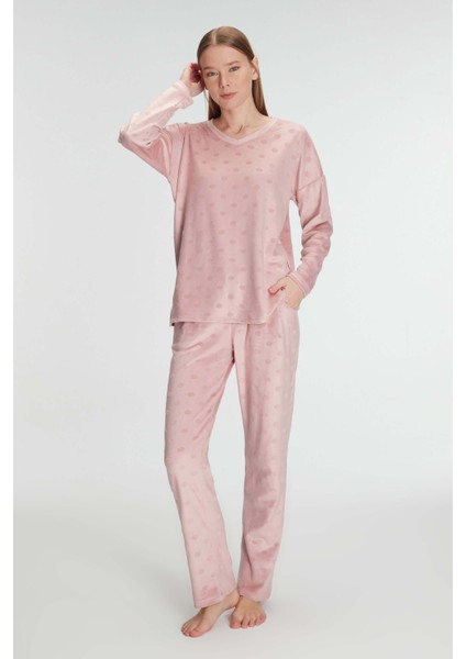 Kadın Gül Kurusu Uzun Kollu Puantiye Desenli Pamuklu Pijama Takımı