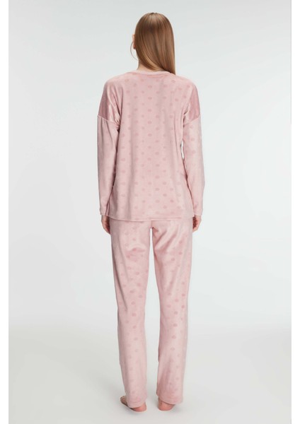 Kadın Gül Kurusu Uzun Kollu Puantiye Desenli Pamuklu Pijama Takımı