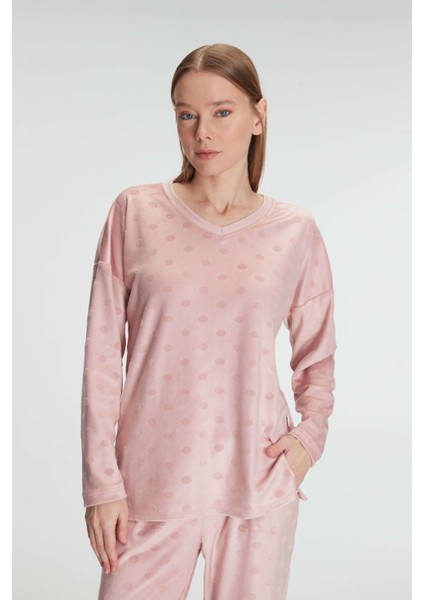 Kadın Gül Kurusu Uzun Kollu Puantiye Desenli Pamuklu Pijama Takımı
