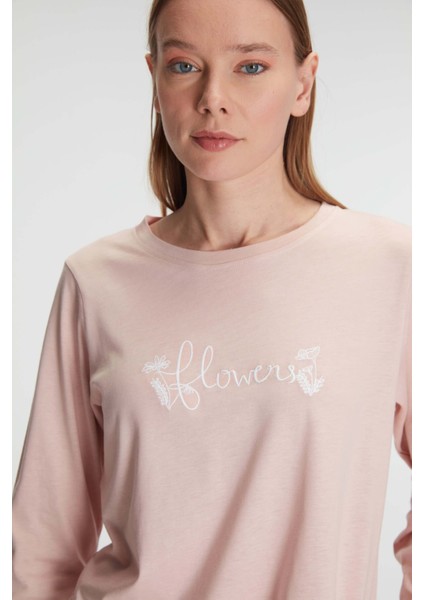 Kadın Gül Kurusu Uzun Kollu Çiçek Desenli Pijama Takımı