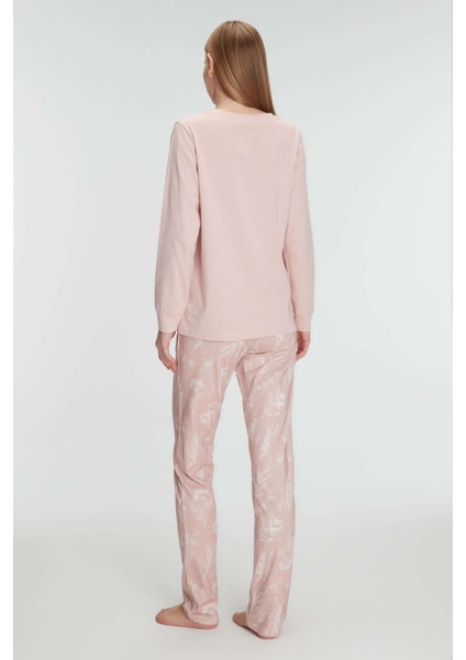 Kadın Gül Kurusu Uzun Kollu Çiçek Desenli Pijama Takımı