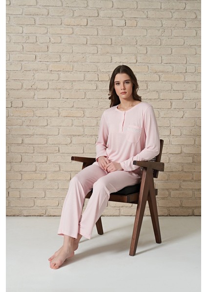Kadın Düğme Detaylı Cep Işlemeli Uzun Kollu Pijama Takımı