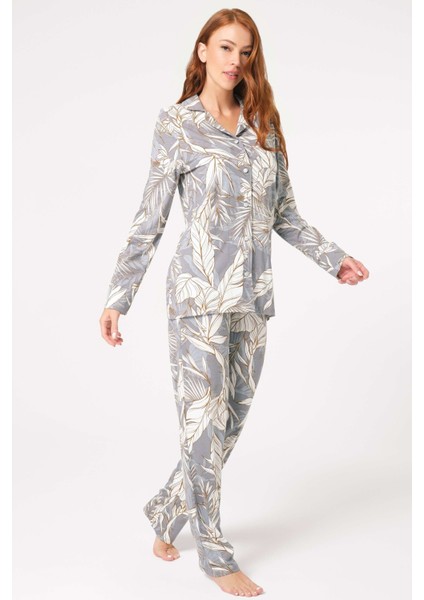 Kadın Uzun Kol V Yaka Viskon Çiçek Desenli Kışlık Örme Normal Bel Düğmeli Pijama Takımı
