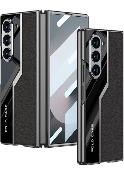 Megafox Teknoloji Samsung Galaxy Z Fold 6 Uyumlu Kılıf Ultra Ince Kamera Korumalı Pc + Deri Arka Yüzey Zore Kıpta Poligan Kapak, Siyah