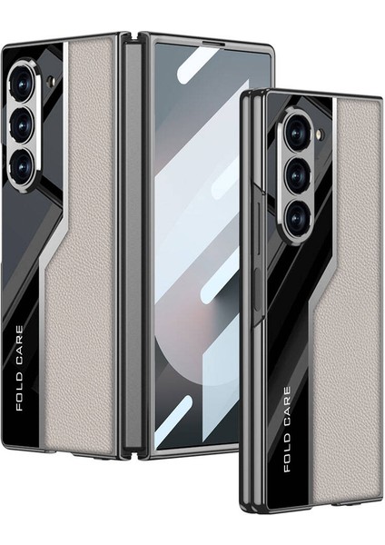 Samsung Galaxy Z Fold 6 Uyumlu Kılıf Ultra Ince Kamera Korumalı Pc + Deri Arka Yüzey Zore Kıpta Poligan Kapak, Titanyum-