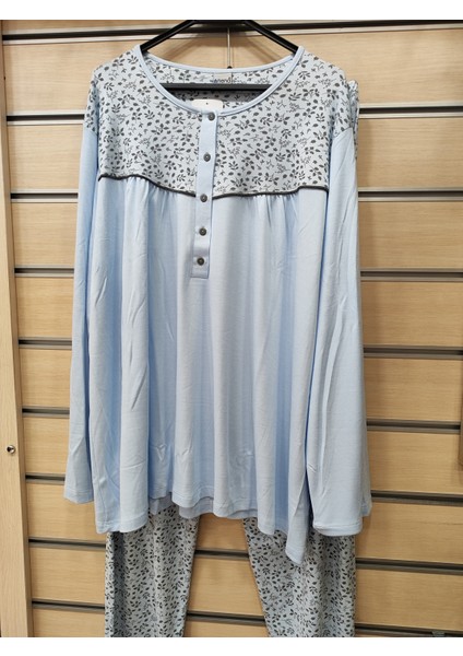 %100 Pamuk Robalı Rahat Kesim Uzun Kol Kadın Pijama Takım 14615