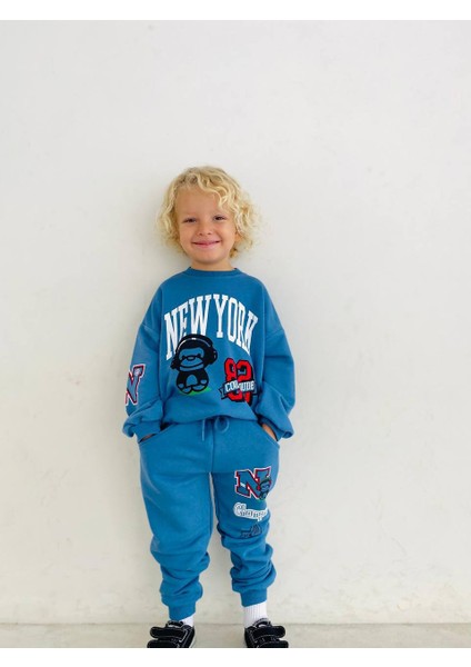 Yeni Sezon Erkek Çocuk Pamuklu New York Baskılı 3 Iplik Şardonsuz Alt-Üst Takım fiyatları