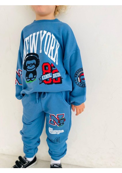 Yeni Sezon Erkek Çocuk Pamuklu New York Baskılı 3 Iplik Şardonsuz Alt-Üst Takım modelleri