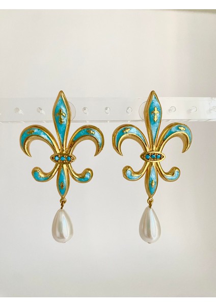 Incili Fransız Zambağı Küpe - Mavi