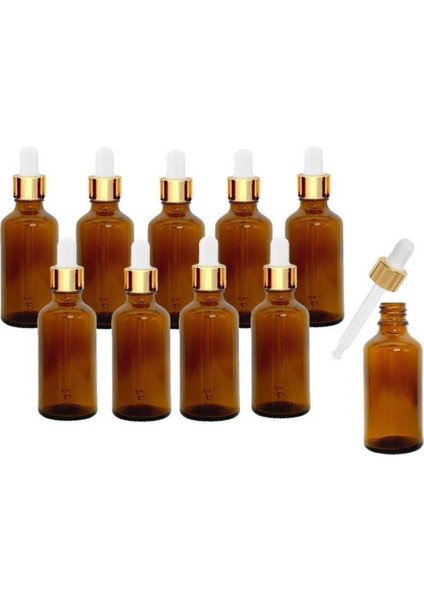 Altın - Beyaz Cam Pipetli Amber Cam Şişeler 50 ml x 10 Adet