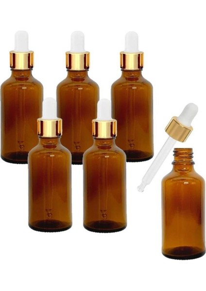 Amber Cam Şişeler - Altın - Beyaz Cam Pipetli 50 ml x 6 Adet