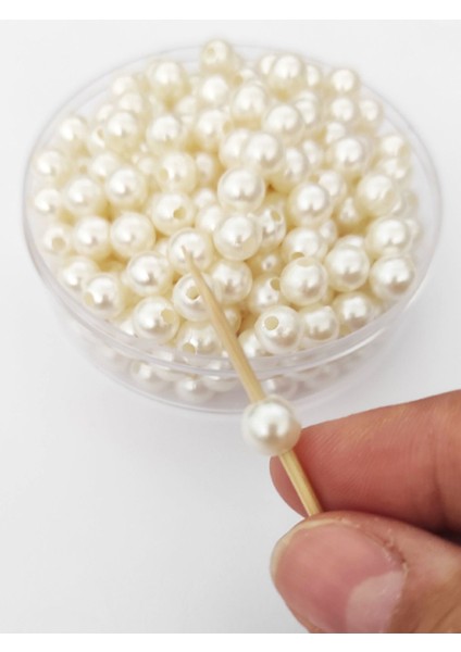 1000 Gram - 1 Kilo - 8 mm - Dekoratif Krem Delikli Inci Boncuk - Plastik Inci