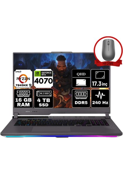 Rog Strix G17 Amd Ryzen 9 7845HX 16GB 4tb RTX4070/8GB 17.3" Freedos 240Hz Wqhd Taşınabilir Bilgisayar G713PI-LL102-A8 & Anzar Mouse