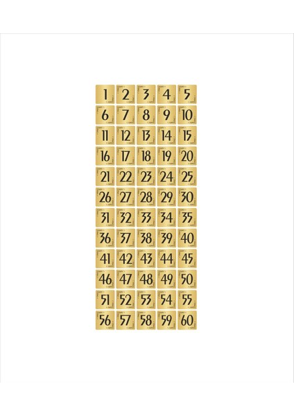 Metal Kapı Masa Dolap Numarası Levha 5 x 5 cm Altın Renk 60 Adet (1…60)