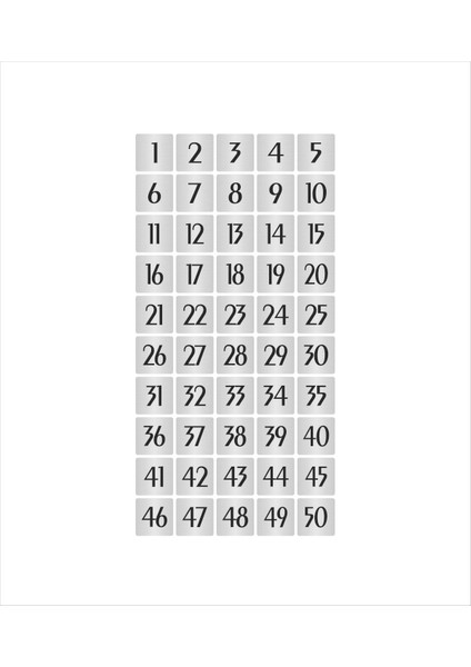 Metal Kapı Masa Dolap Numarası Sade Model 5 x 5 cm Gümüş Renk 50 Adet (1…50)