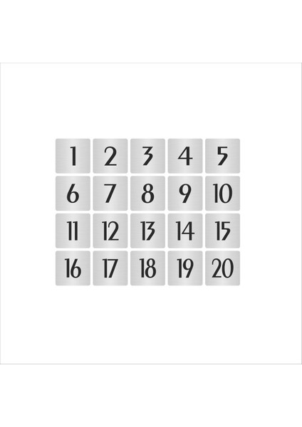 Metal Kapı Masa Dolap Numarası Sade Model 7 x 7 cm Gümüş Renk 20 Adet (1…20)