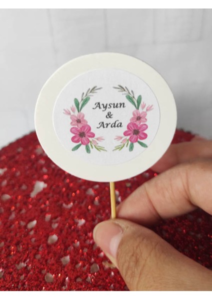 Beyhan Bayhan 20 Adet Kişiye Özel Yuvarlak Bayraklı Söz Nişan Çiçekli Kürdanı 6 cm - Baskılı Kürdan