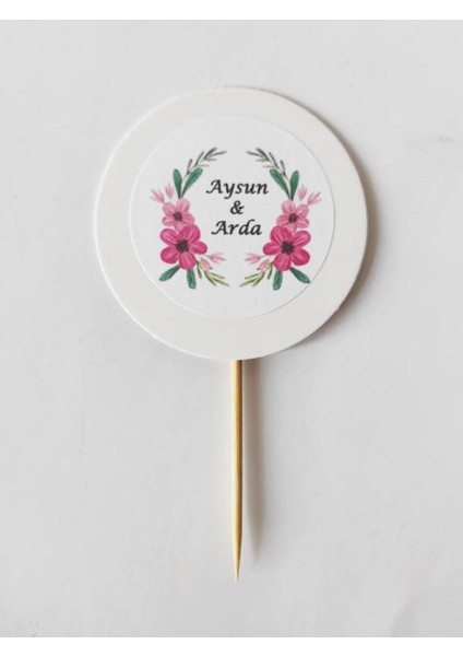 Beyhan Bayhan 20 Adet Kişiye Özel Yuvarlak Bayraklı Söz Nişan Çiçekli Kürdanı 6 cm - Baskılı Kürdan modelleri