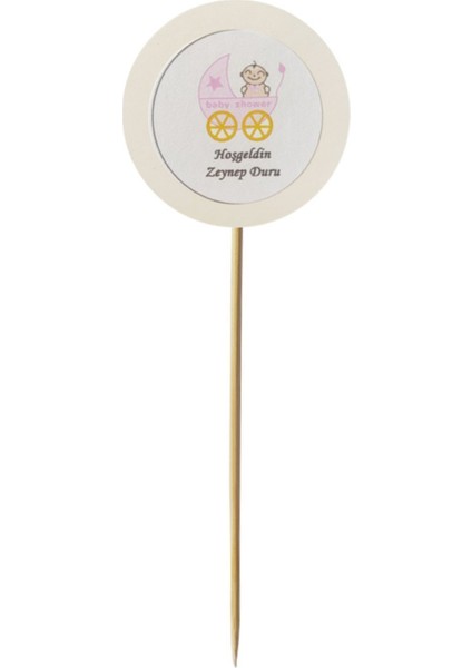 Beyhan Bayhan 15 cm Uzun Kürdan - 20 Adet Kişiye Özel Yuvarlak Bayraklı Pembe Hoşgeldin Bebek Kürdanı