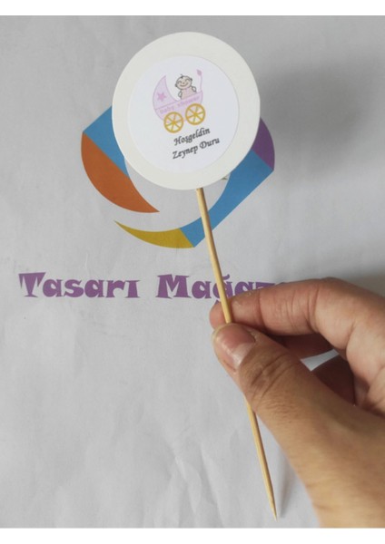 Beyhan Bayhan 15 cm Uzun Kürdan - 20 Adet Kişiye Özel Yuvarlak Bayraklı Pembe Hoşgeldin Bebek Kürdanı modelleri