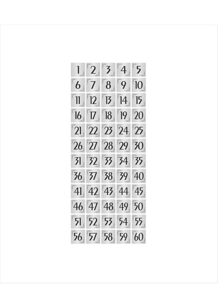 Metal Kapı Masa Dolap Numarası Levha 3,5 x 3,5 cm Gümüş Renk 60 Adet (1…60)