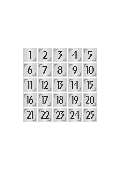 Metal Kapı Masa Dolap Numarası Levha 10 x 10 cm Gümüş Renk 25 Adet (1…25)