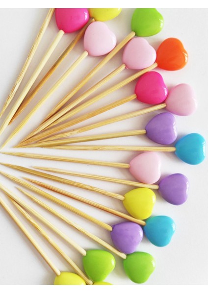 Beyhan Bayhan 100 Adet Dekoratif Renkli Büyük Kalp Boncuklu Pasta Kürdanı 6 cm - Kalp 12 mm