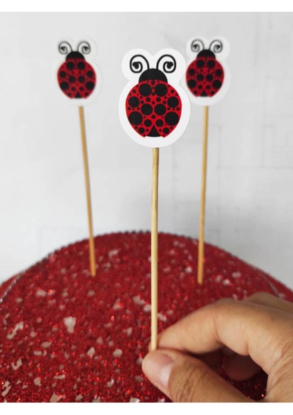 15 cm Uzun Kürdan - 30 Adet Dekoratif Uğur Böcekli Pasta Kürdanı - Uğur Böceği Kokteyl Kürdanı