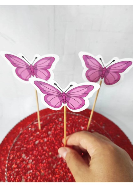 Beyhan Bayhan 15 cm Uzun Kürdan - 30 Adet Dekoratif Karton Pembe Kelebek Baskılı Pasta Kürdanı