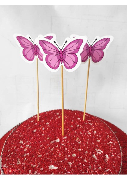 Beyhan Bayhan 15 cm Uzun Kürdan - 30 Adet Dekoratif Karton Pembe Kelebek Baskılı Pasta Kürdanı fiyatları