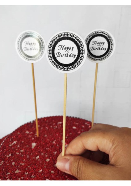 Beyhan Bayhan 15 cm Uzun Kürdan - 30 Adet Dekoratif Beyaz Karton Happy Birthday Yazılı Pasta Kürdanı