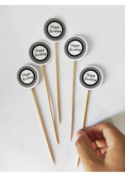 Beyhan Bayhan 15 cm Uzun Kürdan - 30 Adet Dekoratif Beyaz Karton Happy Birthday Yazılı Pasta Kürdanı fırsatları